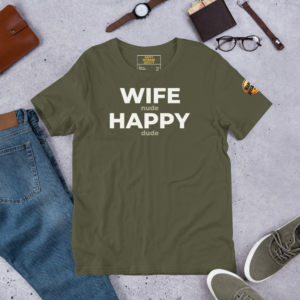 Premium Happy Husband Society hoodie, front view in Dark Heather with white Wife N Happy D hidden message text