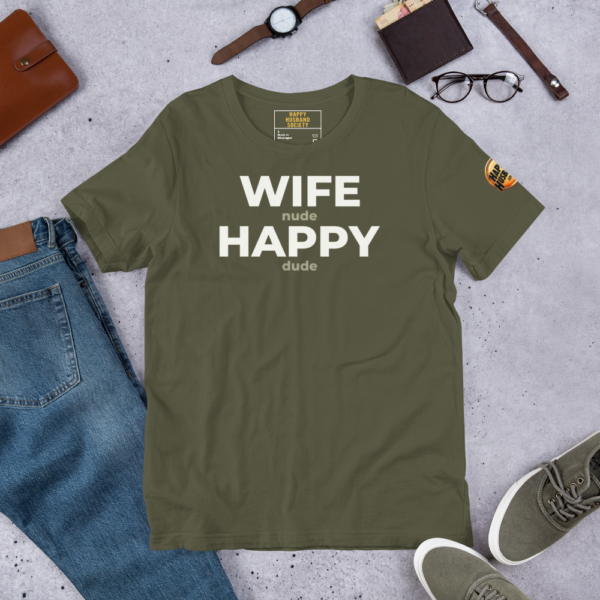 Premium Happy Husband Society hoodie, front view in Dark Heather with white Wife N Happy D hidden message text