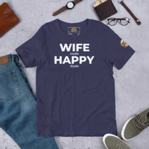 Premium Happy Husband Society T-Shirt in Heather Navy with gold Wife N Happy D hidden message text.