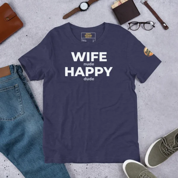 Premium Happy Husband Society T-Shirt in Heather Navy with gold Wife N Happy D hidden message text.