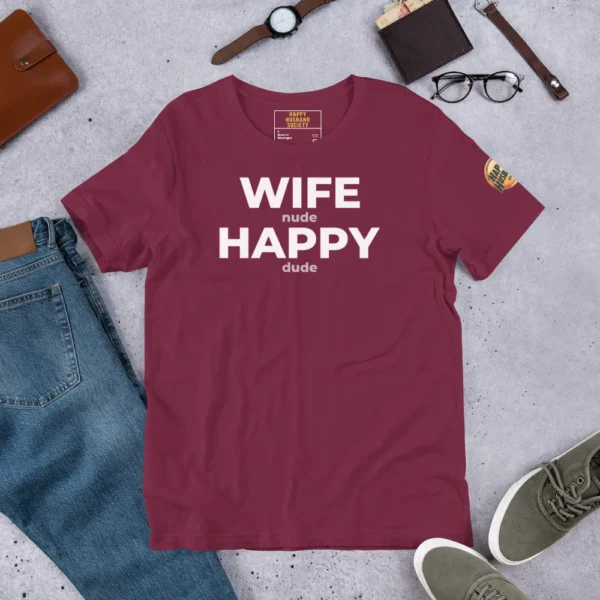 Premium Happy Husband Society T-Shirt in Maroon with white Wife N Happy D hidden message text.