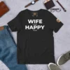 Premium Happy Husband Society T-Shirt in Heather Black with white Wife N Happy D hidden message text.