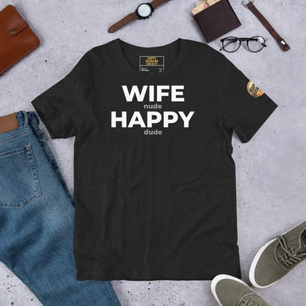 Premium Happy Husband Society T-Shirt in Heather Black with white Wife N Happy D hidden message text.