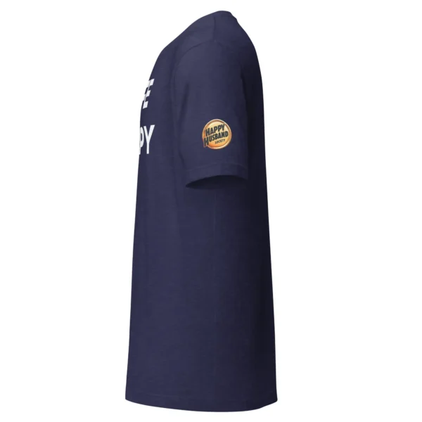 Premium Happy Husband Society hoodie, left sleeve view in Heather Navy with white Wife N Happy D hidden message text.