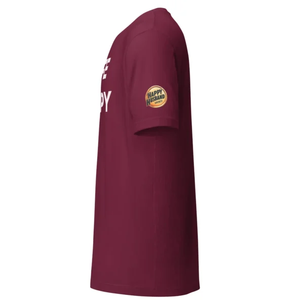 Premium Happy Husband Society T-Shirt, left sleeve view in Maroon with white Wife N Happy D hidden message text