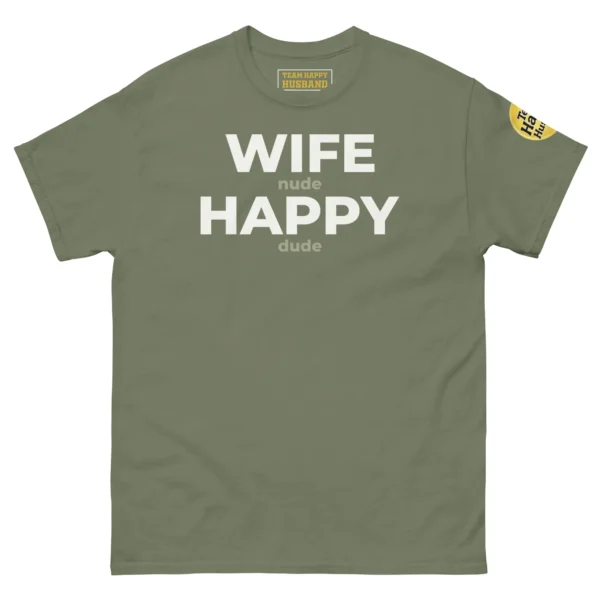 Classic Happy Husband Society T-Shirt in Navy with white Wife N Happy D hidden message typography.